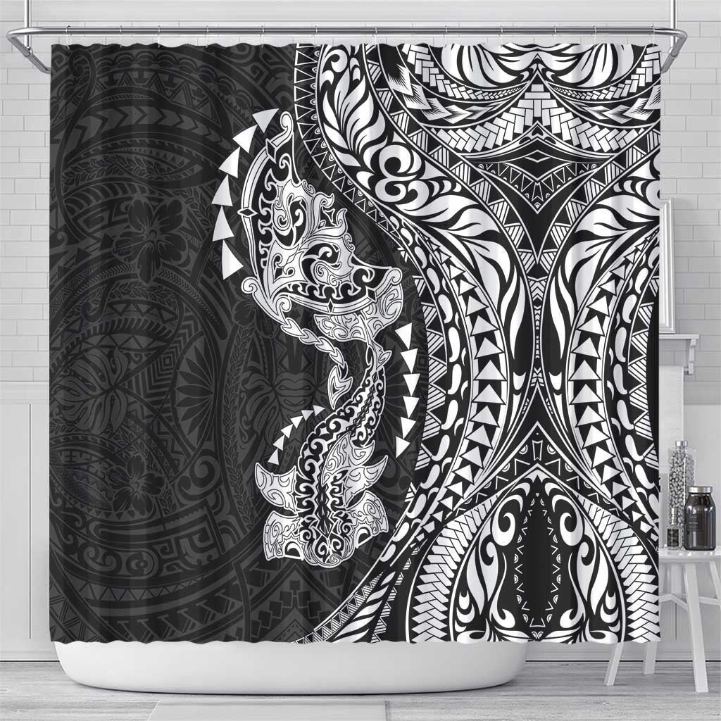 Hawaiian Manta Ray and Hammerhead Shark Tribal Tattoo Shower Curtain with Polynesian Tribal Pattern Black-White Color LT03 - Polynesian Pride