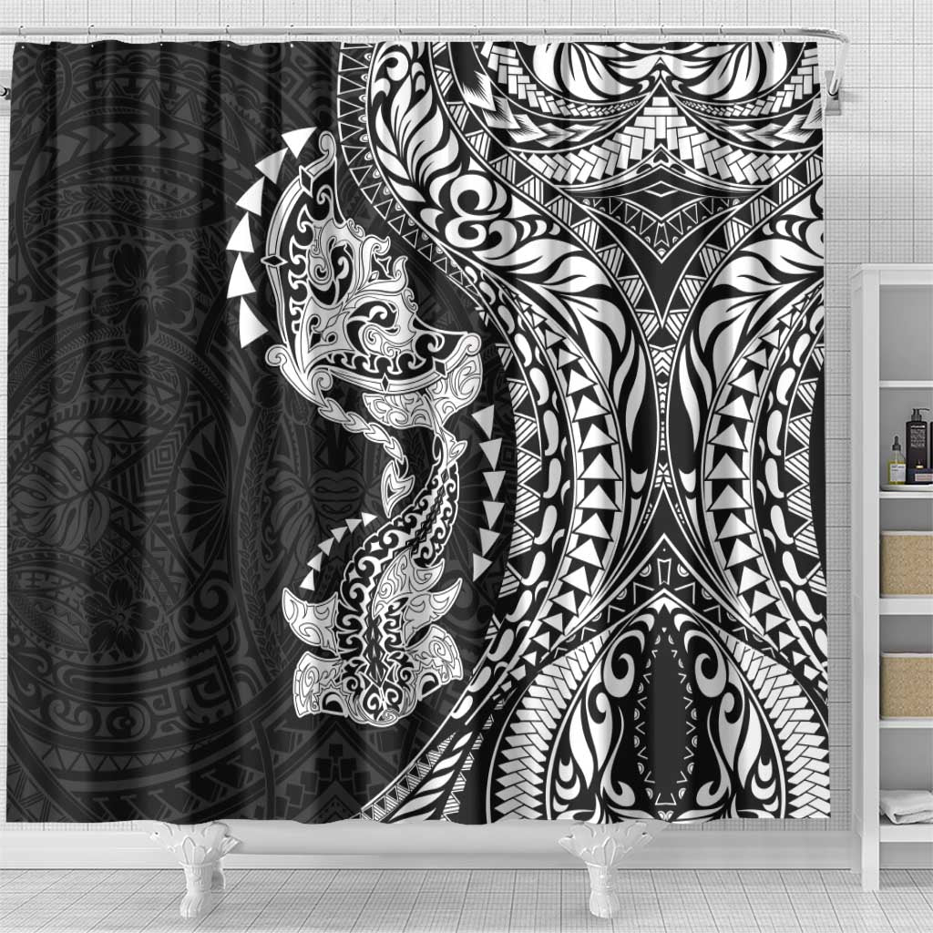 Hawaiian Manta Ray and Hammerhead Shark Tribal Tattoo Shower Curtain with Polynesian Tribal Pattern Black-White Color LT03 - Polynesian Pride