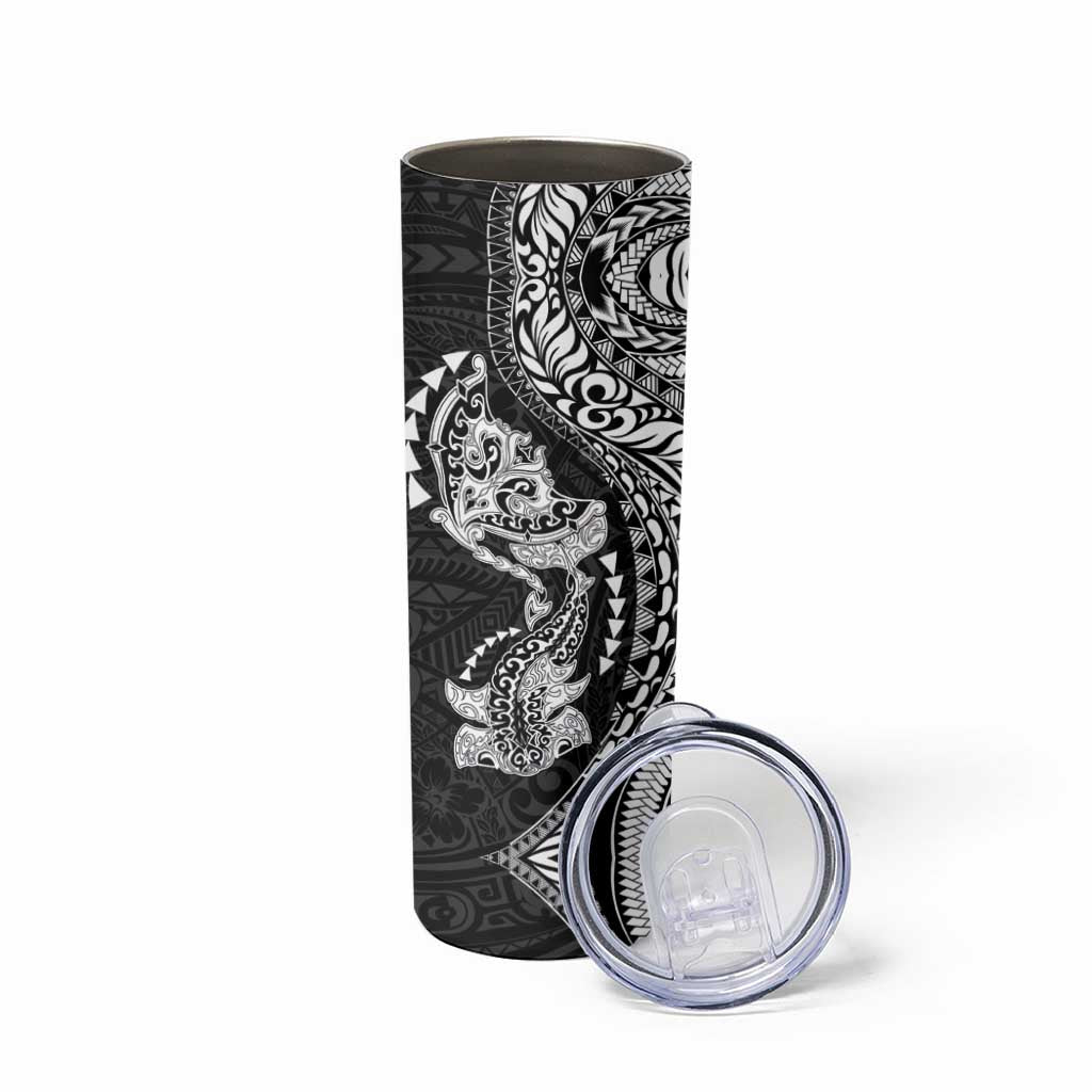 Hawaiian Manta Ray and Hammerhead Shark Tribal Tattoo Skinny Tumbler with Polynesian Tribal Pattern Black-White Color