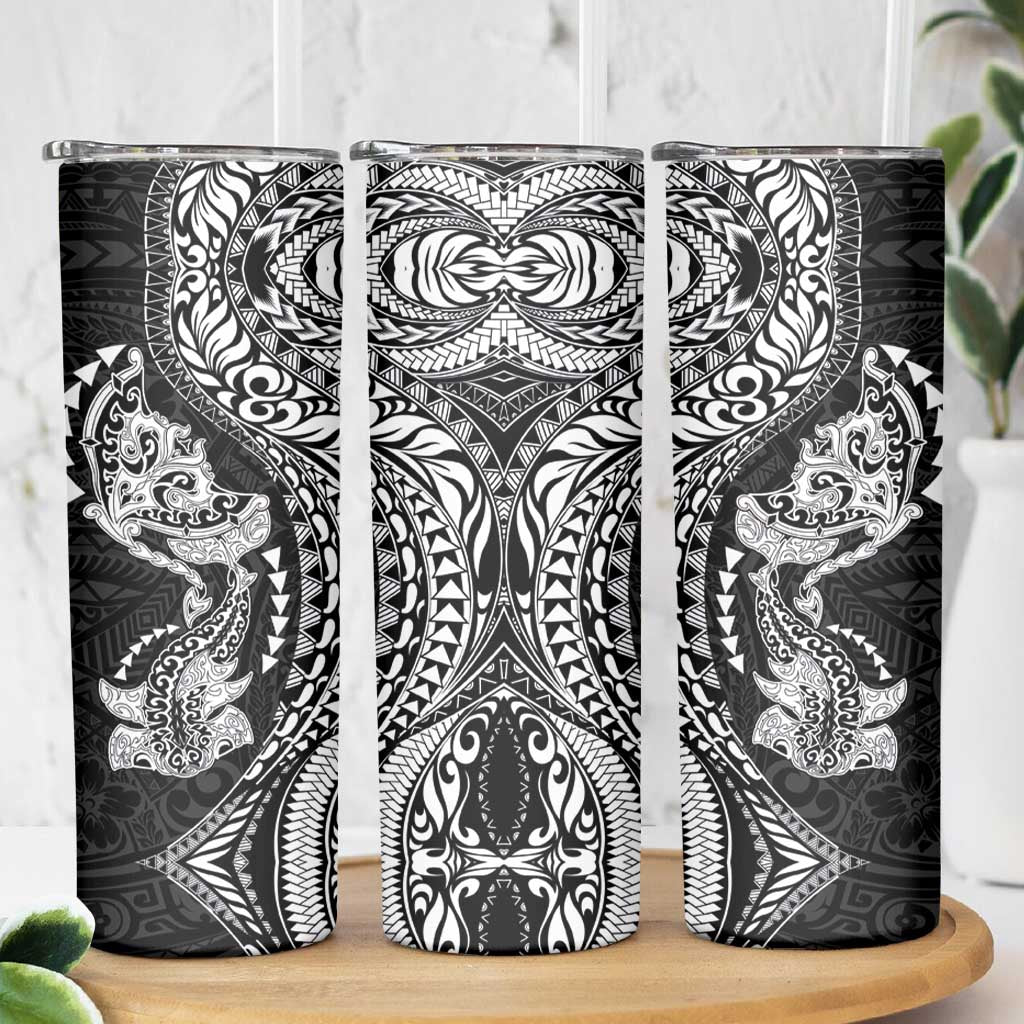 Hawaiian Manta Ray and Hammerhead Shark Tribal Tattoo Skinny Tumbler with Polynesian Tribal Pattern Black-White Color