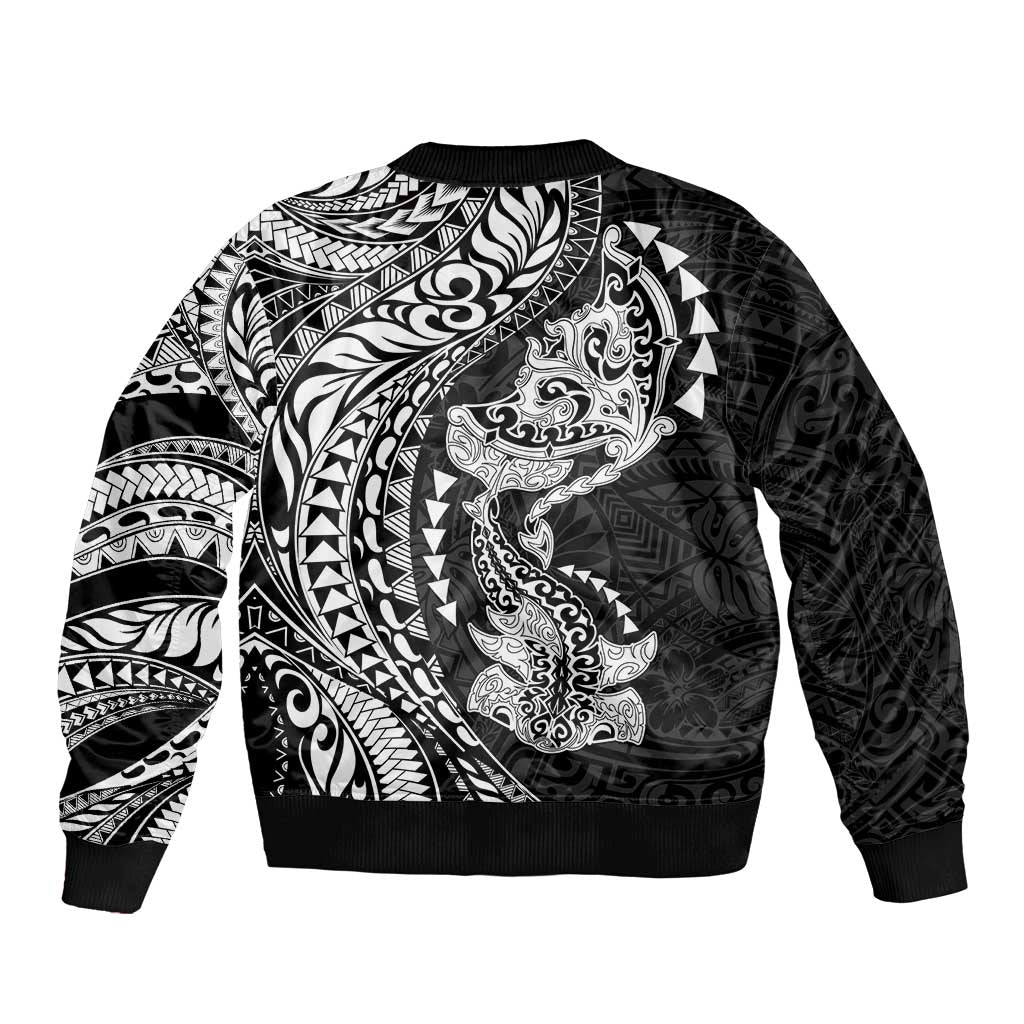 Hawaiian Manta Ray and Hammerhead Shark Tribal Tattoo Sleeve Zip Bomber Jacket with Polynesian Tribal Pattern Black-White Color LT03 - Polynesian Pride