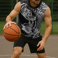 Hawaiian Manta Ray and Hammerhead Shark Tribal Tattoo Sleeveless Hoodie with Polynesian Tribal Pattern Black-White Color LT03 - Polynesian Pride