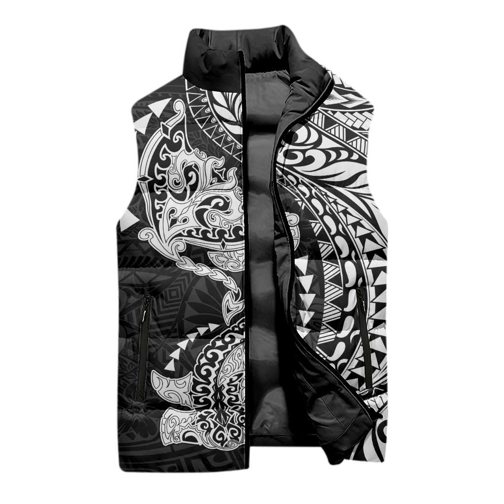 Hawaiian Manta Ray and Hammerhead Shark Tribal Tattoo Sleeveless Puffer Jacket with Polynesian Tribal Pattern Black-White Color LT03 - Polynesian Pride