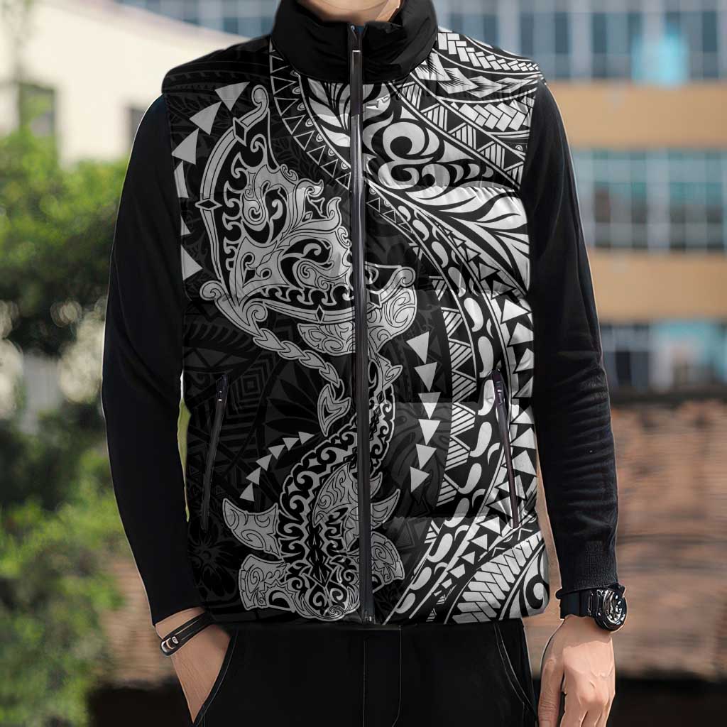 Hawaiian Manta Ray and Hammerhead Shark Tribal Tattoo Sleeveless Puffer Jacket with Polynesian Tribal Pattern Black-White Color LT03 - Polynesian Pride