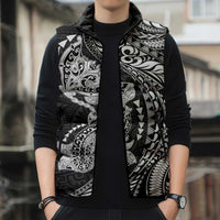 Hawaiian Manta Ray and Hammerhead Shark Tribal Tattoo Sleeveless Puffer Jacket with Polynesian Tribal Pattern Black-White Color LT03 - Polynesian Pride