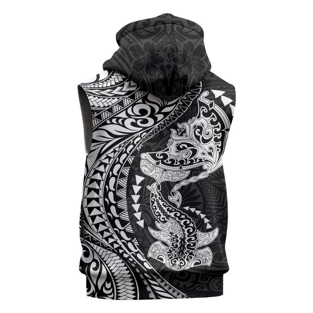 Hawaiian Manta Ray and Hammerhead Shark Tribal Tattoo Sleeveless Zip Hoodie with Polynesian Tribal Pattern Black-White Color LT03 - Polynesian Pride