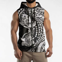 Hawaiian Manta Ray and Hammerhead Shark Tribal Tattoo Sleeveless Zip Hoodie with Polynesian Tribal Pattern Black-White Color LT03 - Polynesian Pride