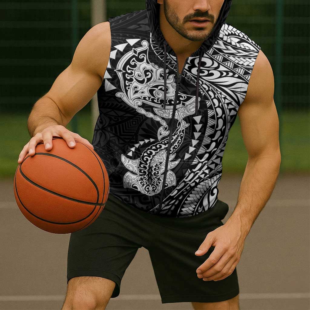 Hawaiian Manta Ray and Hammerhead Shark Tribal Tattoo Sleeveless Zip Hoodie with Polynesian Tribal Pattern Black-White Color LT03 - Polynesian Pride