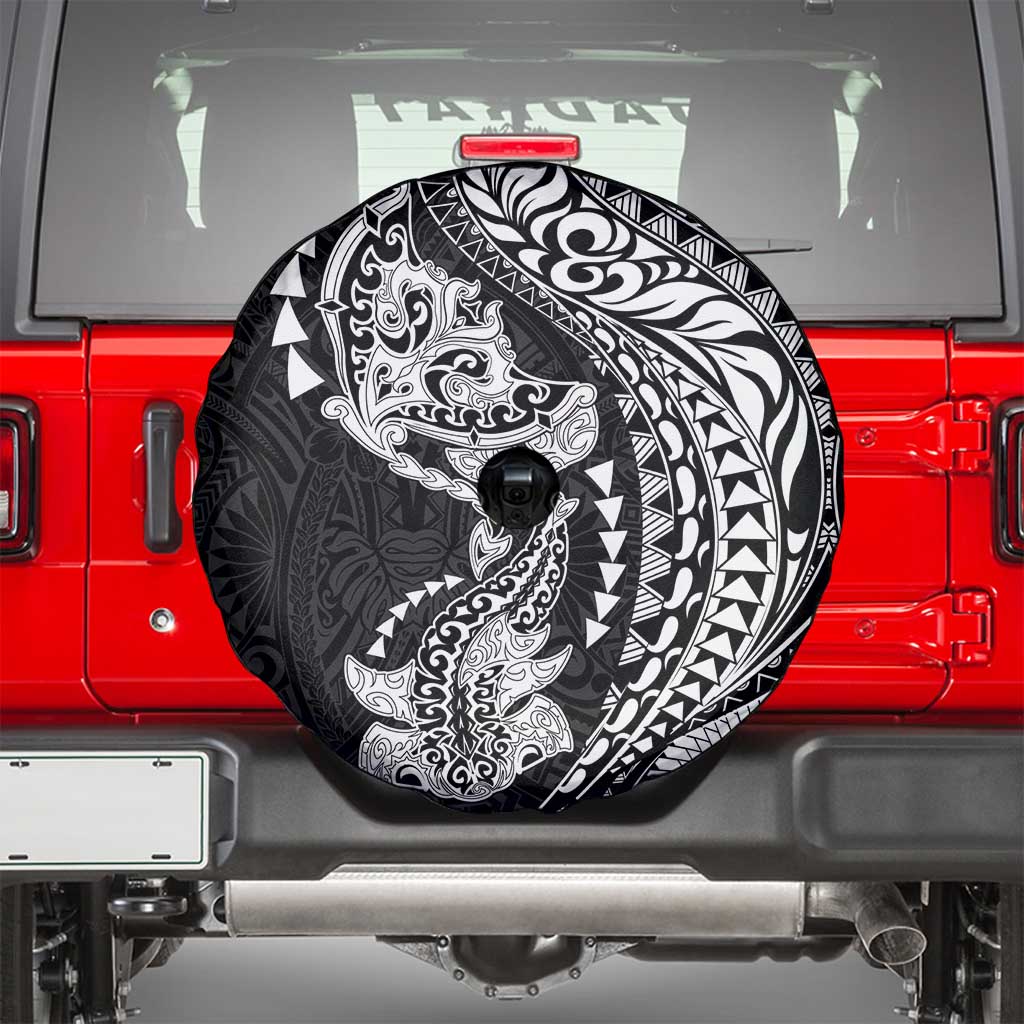 Hawaiian Manta Ray and Hammerhead Shark Tribal Tattoo Spare Tire Cover with Polynesian Tribal Pattern Black-White Color LT03 - Polynesian Pride