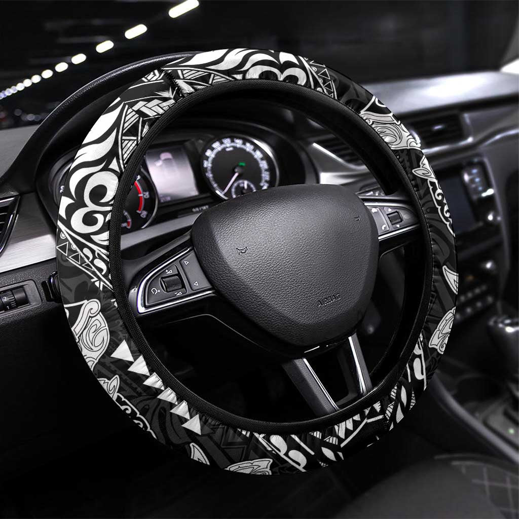 Hawaiian Manta Ray and Hammerhead Shark Tribal Tattoo Steering Wheel Cover with Polynesian Tribal Pattern Black-White Color LT03 Universal Fit Multicolor - Polynesian Pride
