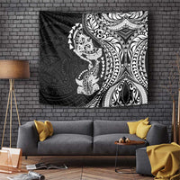 Hawaiian Manta Ray and Hammerhead Shark Tribal Tattoo Tapestry with Polynesian Tribal Pattern Black-White Color