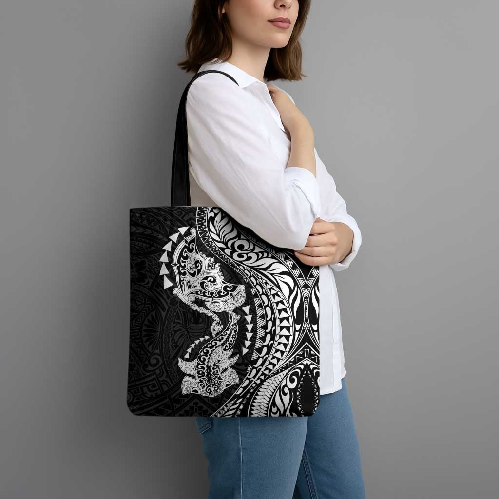 Hawaiian Manta Ray and Hammerhead Shark Tribal Tattoo Tote Bag with Polynesian Tribal Pattern Black-White Color LT03 - Polynesian Pride