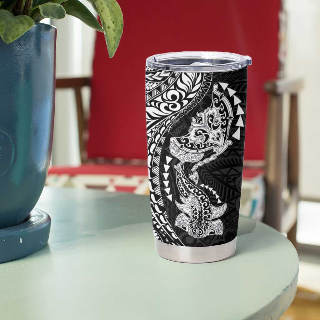 Hawaiian Manta Ray and Hammerhead Shark Tribal Tattoo Tumbler Cup with Polynesian Tribal Pattern Black-White Color LT03 - Polynesian Pride