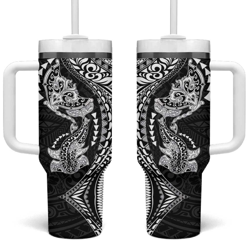 Hawaiian Manta Ray and Hammerhead Shark Tribal Tattoo Tumbler With Handle with Polynesian Tribal Pattern Black-White Color LT03 One Size: 40 oz Multicolor - Polynesian Pride