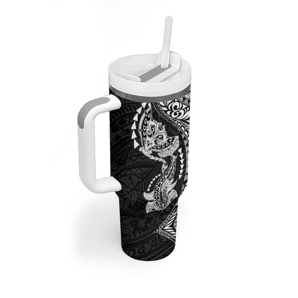 Hawaiian Manta Ray and Hammerhead Shark Tribal Tattoo Tumbler With Handle with Polynesian Tribal Pattern Black-White Color LT03 - Polynesian Pride