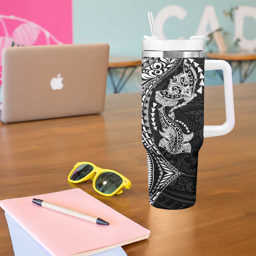 Hawaiian Manta Ray and Hammerhead Shark Tribal Tattoo Tumbler With Handle with Polynesian Tribal Pattern Black-White Color LT03 - Polynesian Pride