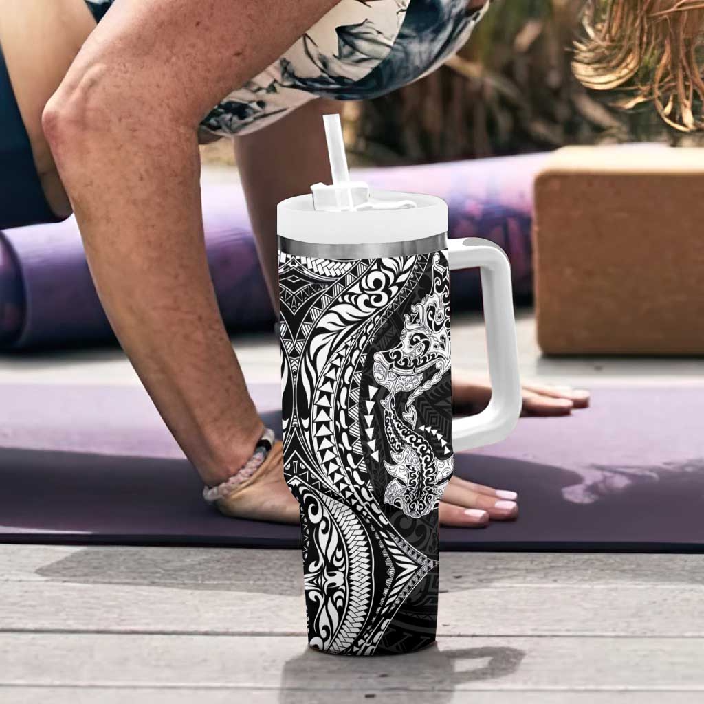 Hawaiian Manta Ray and Hammerhead Shark Tribal Tattoo Tumbler With Handle with Polynesian Tribal Pattern Black-White Color LT03 - Polynesian Pride