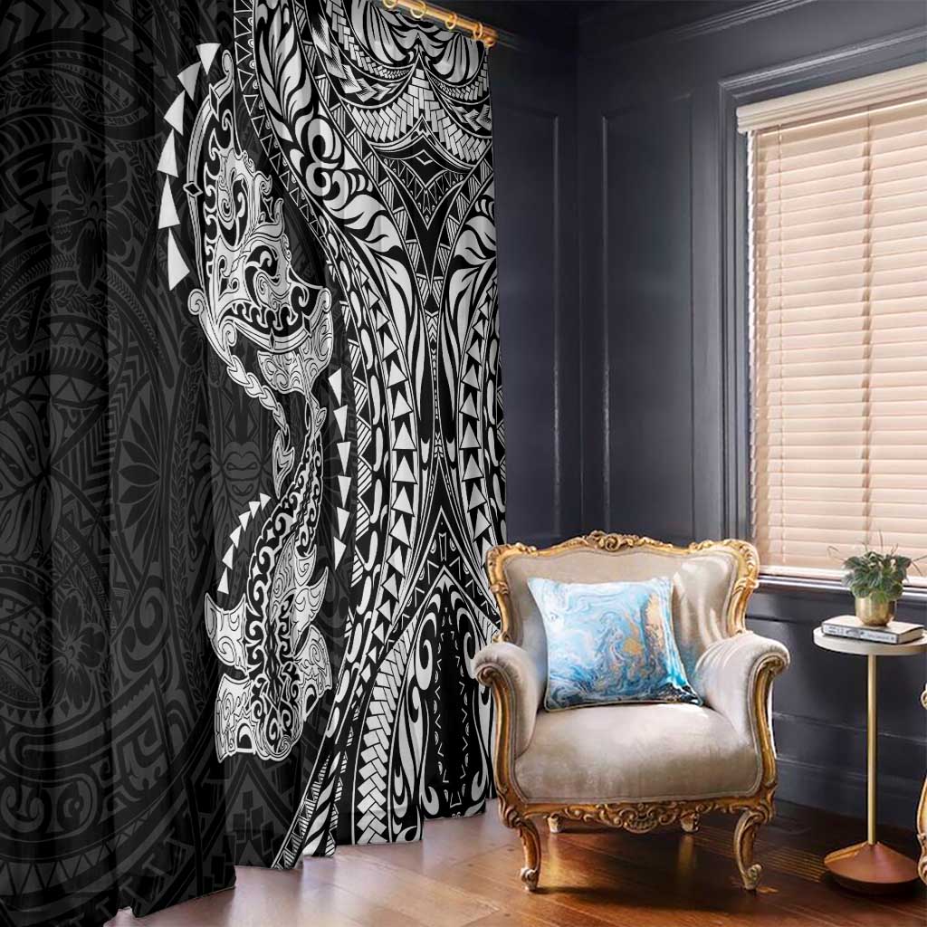 Hawaiian Manta Ray and Hammerhead Shark Tribal Tattoo Window Curtain with Polynesian Tribal Pattern Black-White Color LT03 - Polynesian Pride