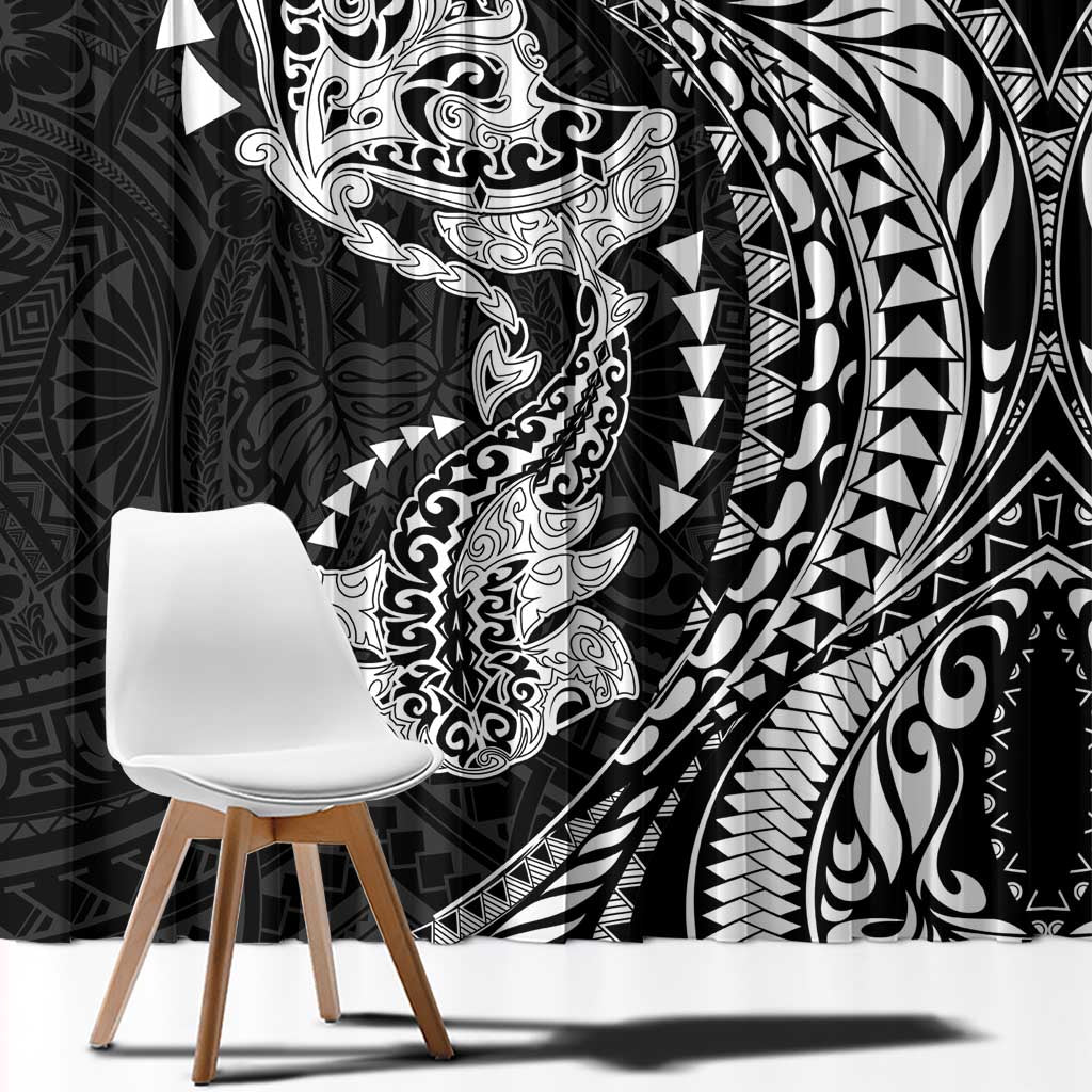 Hawaiian Manta Ray and Hammerhead Shark Tribal Tattoo Window Curtain with Polynesian Tribal Pattern Black-White Color LT03 - Polynesian Pride