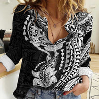 Hawaiian Manta Ray and Hammerhead Shark Tribal Tattoo Women Casual Shirt with Polynesian Tribal Pattern Black-White Color