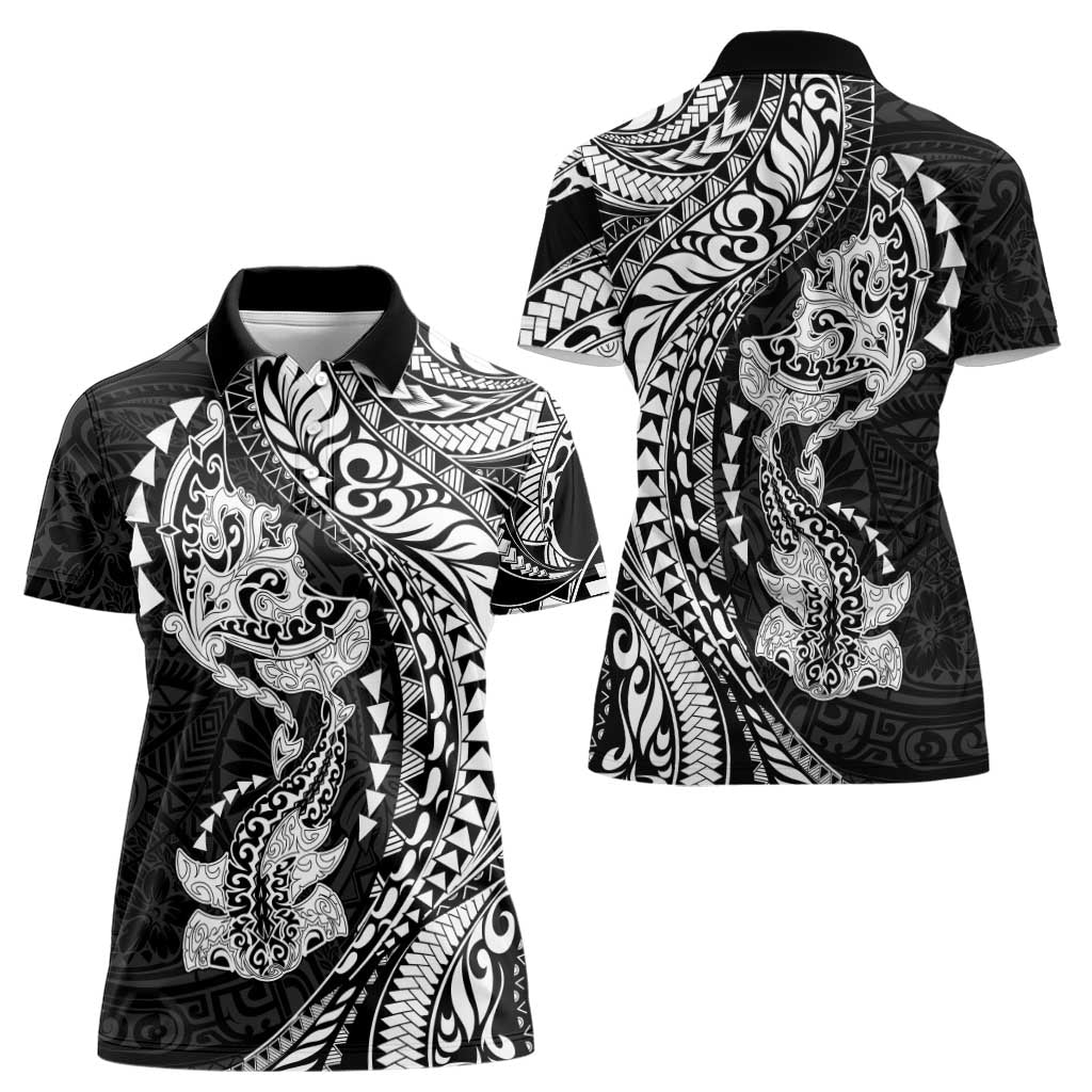 Hawaiian Manta Ray and Hammerhead Shark Tribal Tattoo Women Polo Shirt with Polynesian Tribal Pattern Black-White Color
