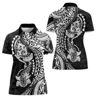 Hawaiian Manta Ray and Hammerhead Shark Tribal Tattoo Women Polo Shirt with Polynesian Tribal Pattern Black-White Color