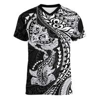 Hawaiian Manta Ray and Hammerhead Shark Tribal Tattoo Women V-Neck T-Shirt with Polynesian Tribal Pattern Black-White Color
