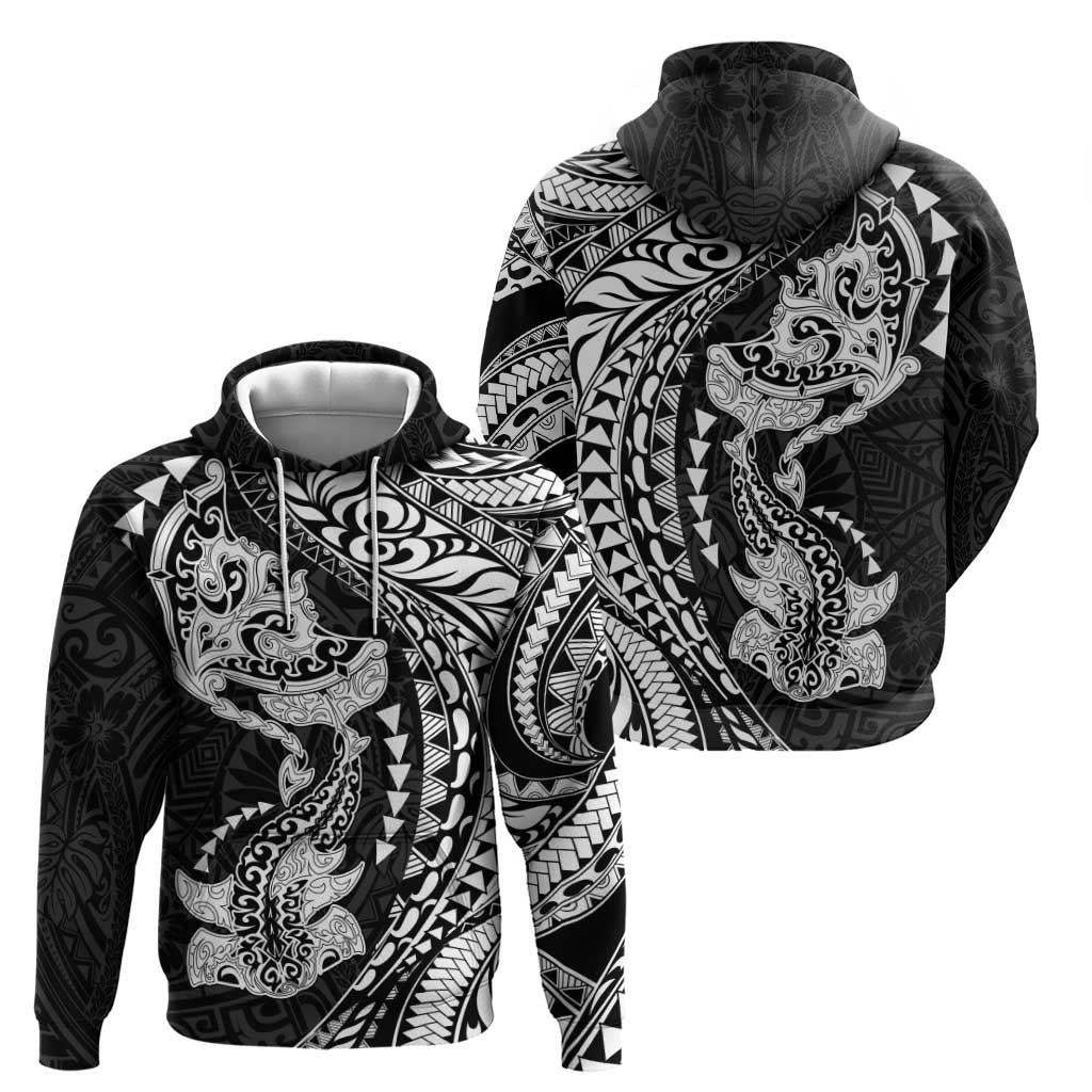 Hawaiian Manta Ray and Hammerhead Shark Tribal Tattoo Zip Hoodie with Polynesian Tribal Pattern Black-White Color LT03 - Polynesian Pride