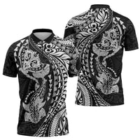 Hawaiian Manta Ray and Hammerhead Shark Tribal Tattoo Zipper Polo Shirt with Polynesian Tribal Pattern Black-White Color LT03 - Polynesian Pride