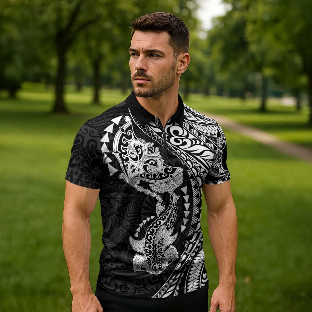 Hawaiian Manta Ray and Hammerhead Shark Tribal Tattoo Zipper Polo Shirt with Polynesian Tribal Pattern Black-White Color LT03 - Polynesian Pride