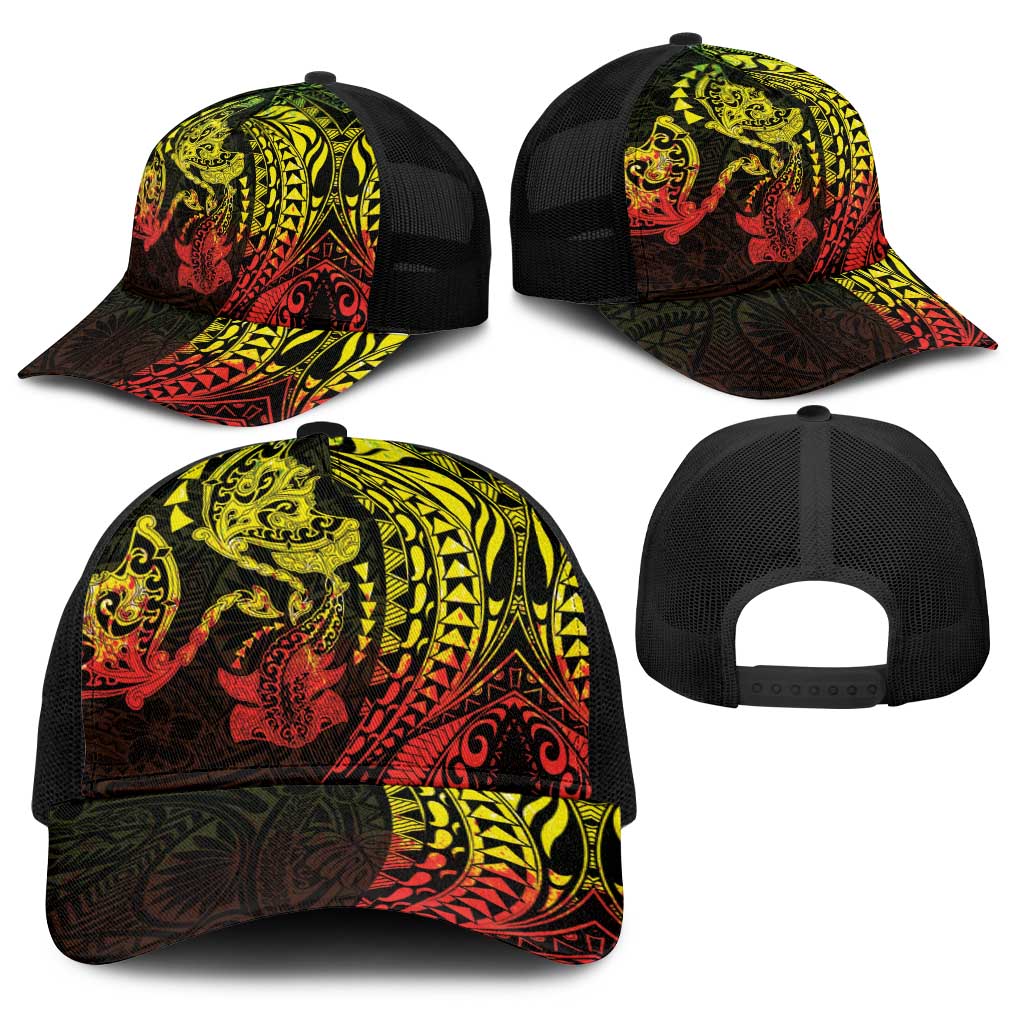 Hawaiian Manta Ray and Hammerhead Shark Tribal Tattoo Baseball Net Cap with Polynesian Tribal Pattern Reggae Style