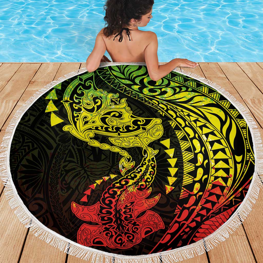 Hawaiian Manta Ray and Hammerhead Shark Tribal Tattoo Beach Blanket with Polynesian Tribal Pattern Reggae Style