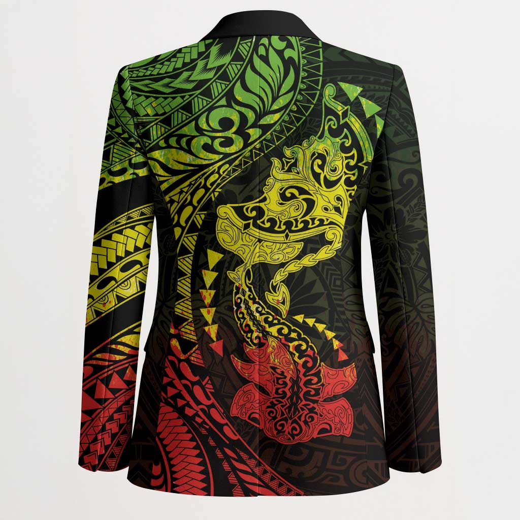 Hawaiian Manta Ray and Hammerhead Shark Tribal Tattoo Blazer with Polynesian Tribal Pattern Reggae Style