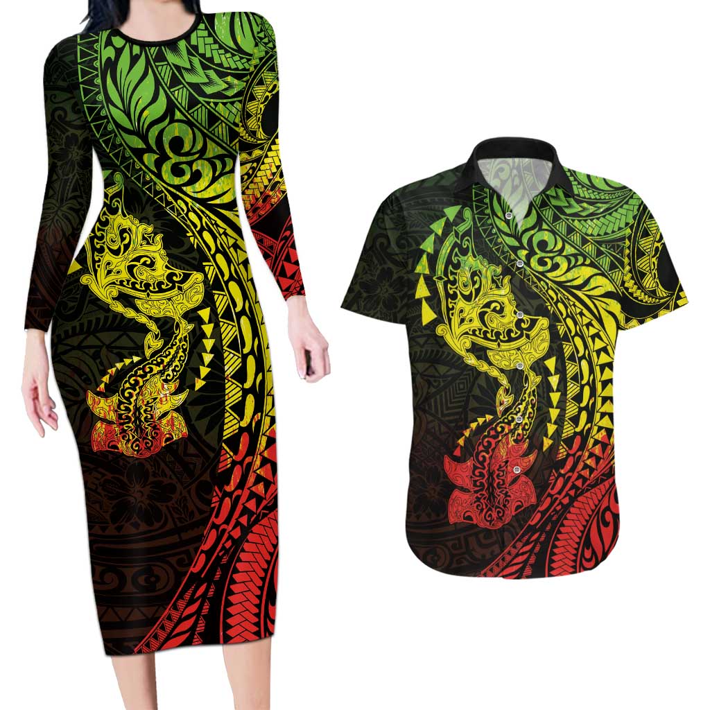 Hawaiian Manta Ray and Hammerhead Shark Tribal Tattoo Couples Matching Long Sleeve Bodycon Dress and Hawaiian Shirt with Polynesian Tribal Pattern Reggae Style