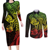 Hawaiian Manta Ray and Hammerhead Shark Tribal Tattoo Couples Matching Long Sleeve Bodycon Dress and Long Sleeve Button Shirt with Polynesian Tribal Pattern Reggae Style