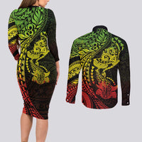 Hawaiian Manta Ray and Hammerhead Shark Tribal Tattoo Couples Matching Long Sleeve Bodycon Dress and Long Sleeve Button Shirt with Polynesian Tribal Pattern Reggae Style