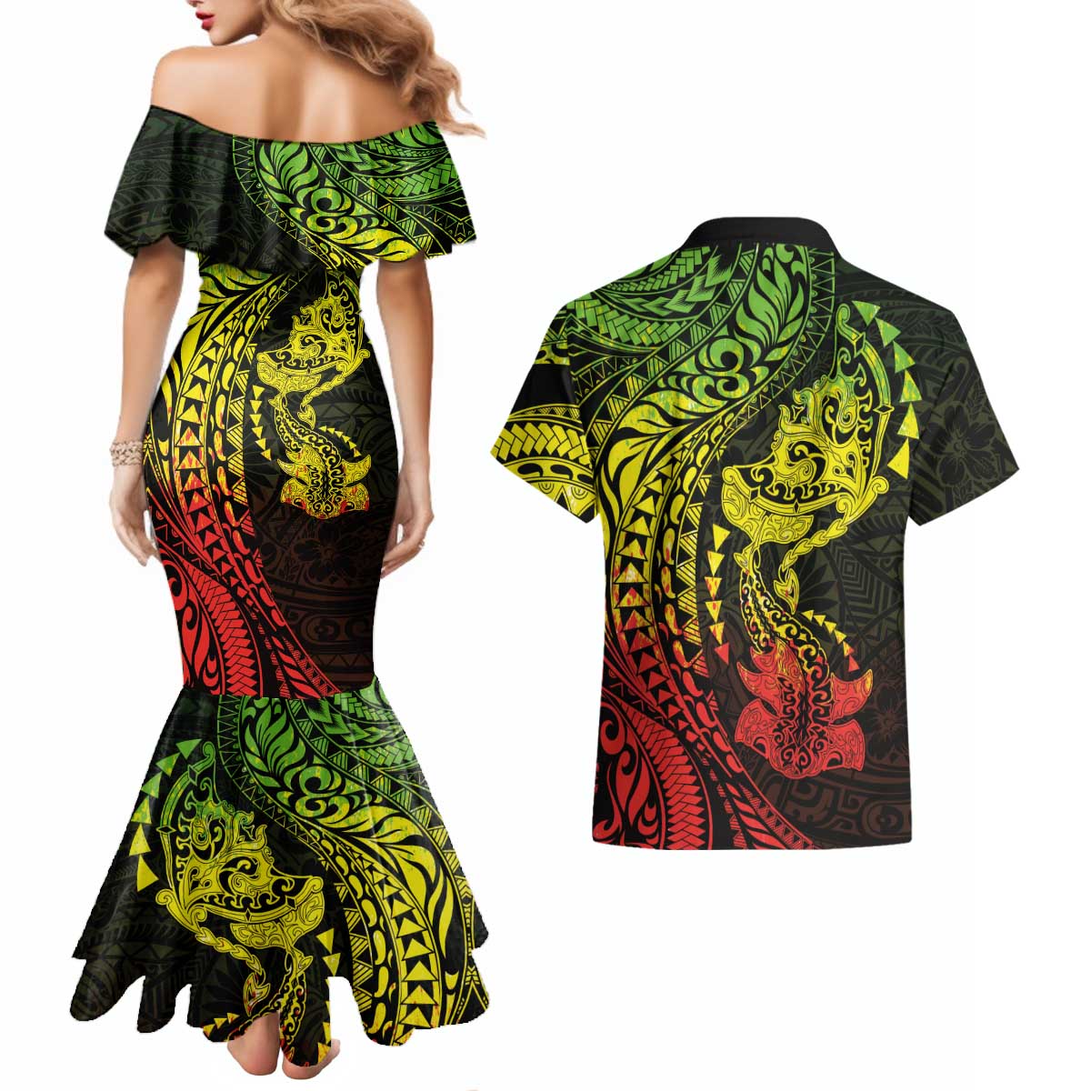 Hawaiian Manta Ray and Hammerhead Shark Tribal Tattoo Couples Matching Mermaid Dress and Hawaiian Shirt with Polynesian Tribal Pattern Reggae Style