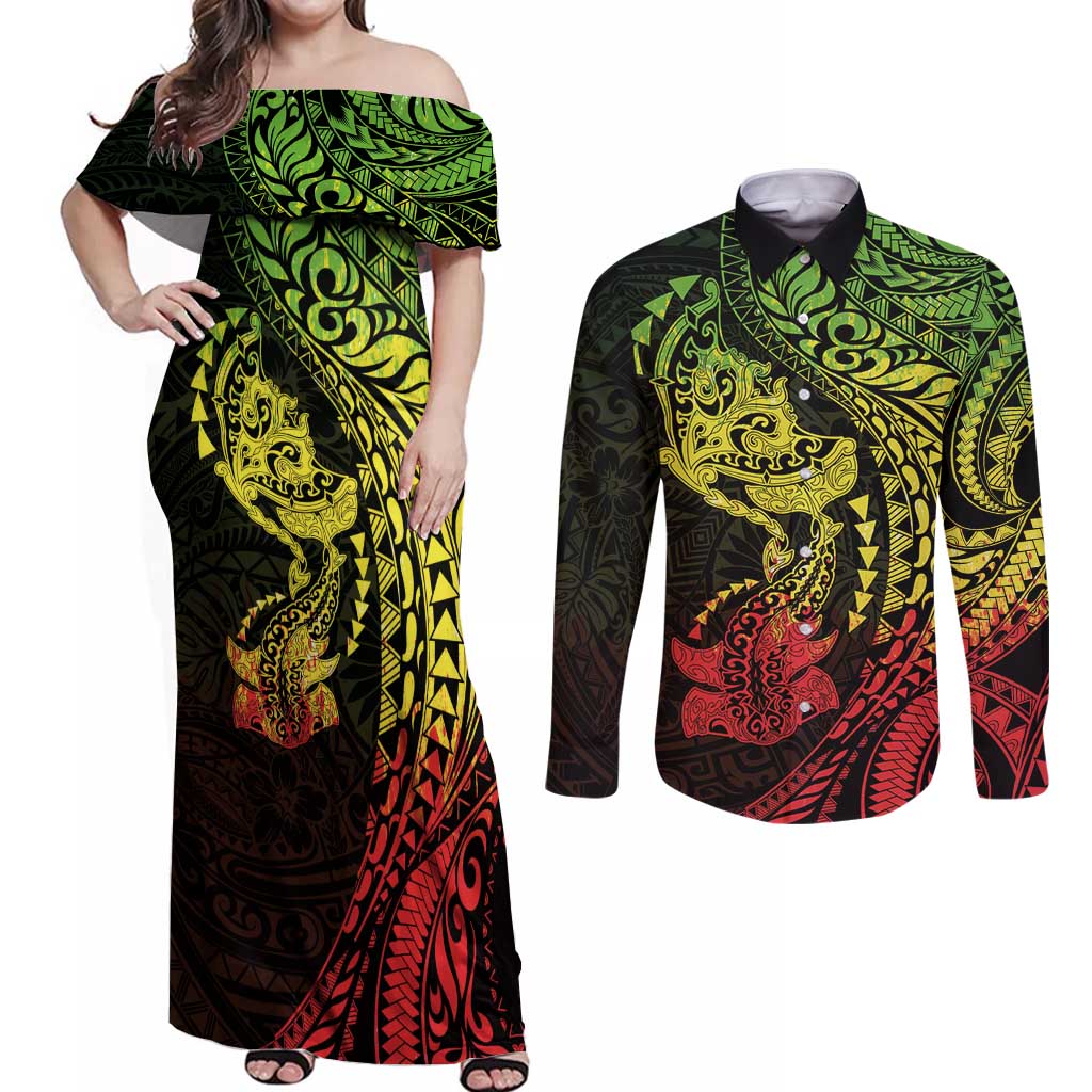 Hawaiian Manta Ray and Hammerhead Shark Tribal Tattoo Couples Matching Off Shoulder Maxi Dress and Long Sleeve Button Shirt with Polynesian Tribal Pattern Reggae Style LT03 Multicolor - Polynesian Pride