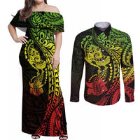 Hawaiian Manta Ray and Hammerhead Shark Tribal Tattoo Couples Matching Off Shoulder Maxi Dress and Long Sleeve Button Shirt with Polynesian Tribal Pattern Reggae Style LT03 Multicolor - Polynesian Pride