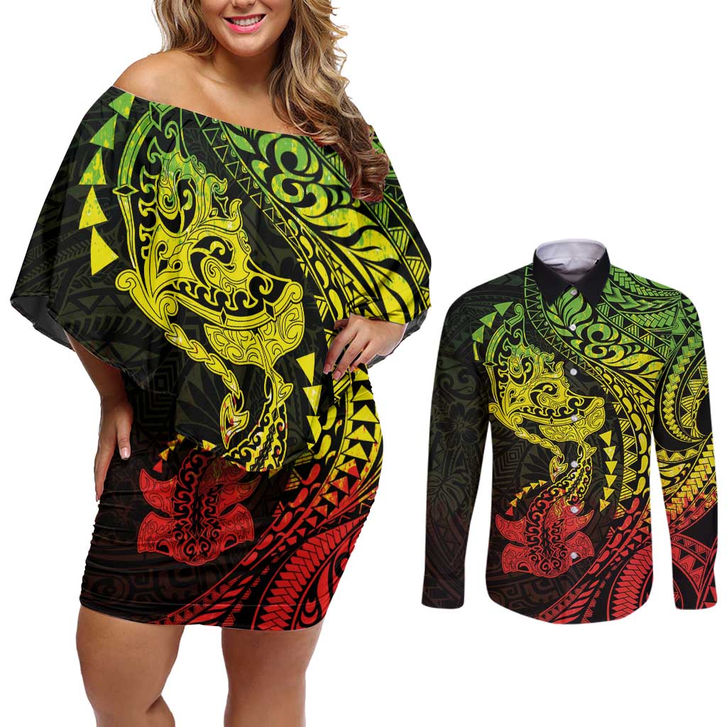 Hawaiian Manta Ray and Hammerhead Shark Tribal Tattoo Couples Matching Off Shoulder Short Dress and Long Sleeve Button Shirt with Polynesian Tribal Pattern Reggae Style LT03 Multicolor - Polynesian Pride