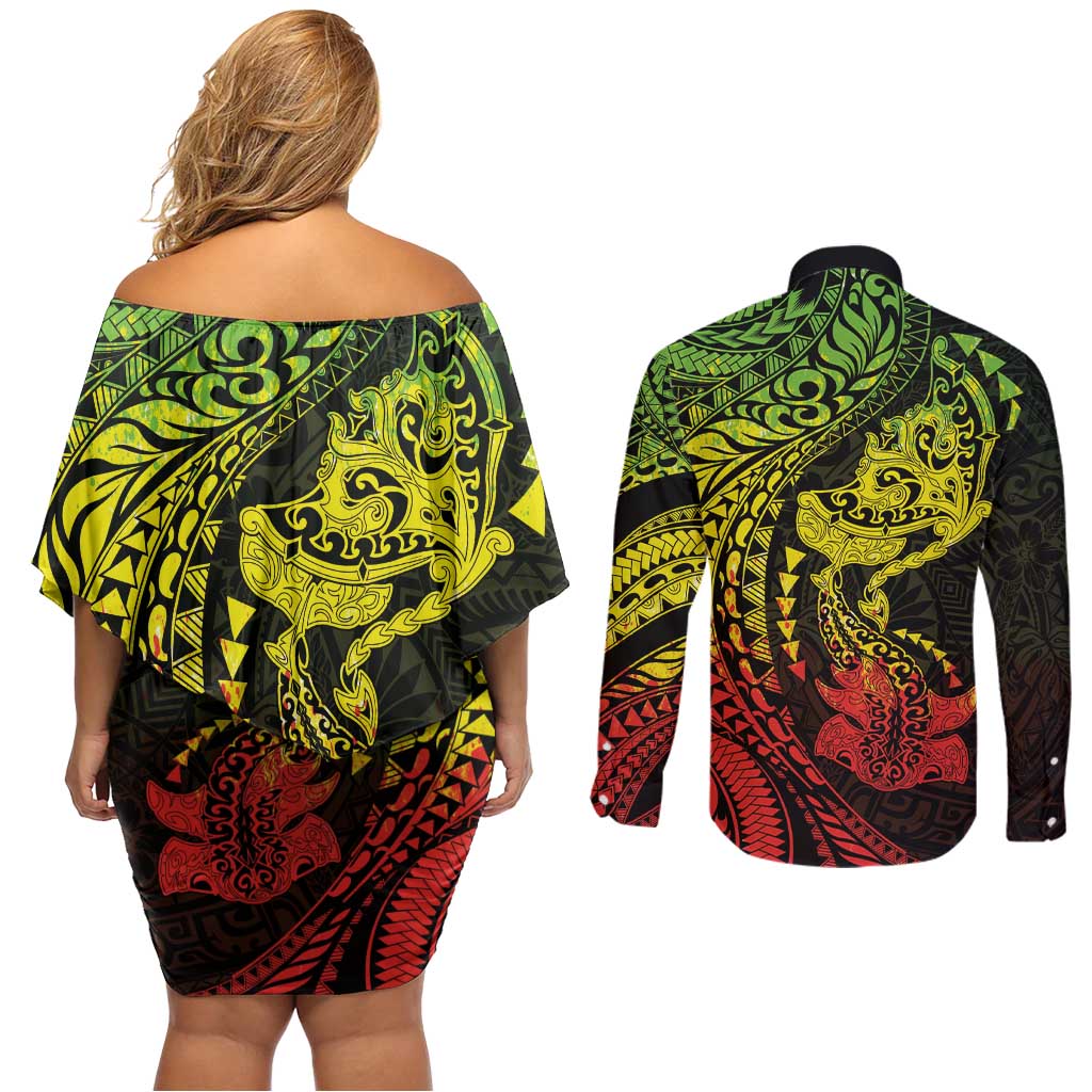 Hawaiian Manta Ray and Hammerhead Shark Tribal Tattoo Couples Matching Off Shoulder Short Dress and Long Sleeve Button Shirt with Polynesian Tribal Pattern Reggae Style LT03 - Polynesian Pride