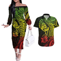 Hawaiian Manta Ray and Hammerhead Shark Tribal Tattoo Couples Matching Off The Shoulder Long Sleeve Dress and Hawaiian Shirt with Polynesian Tribal Pattern Reggae Style
