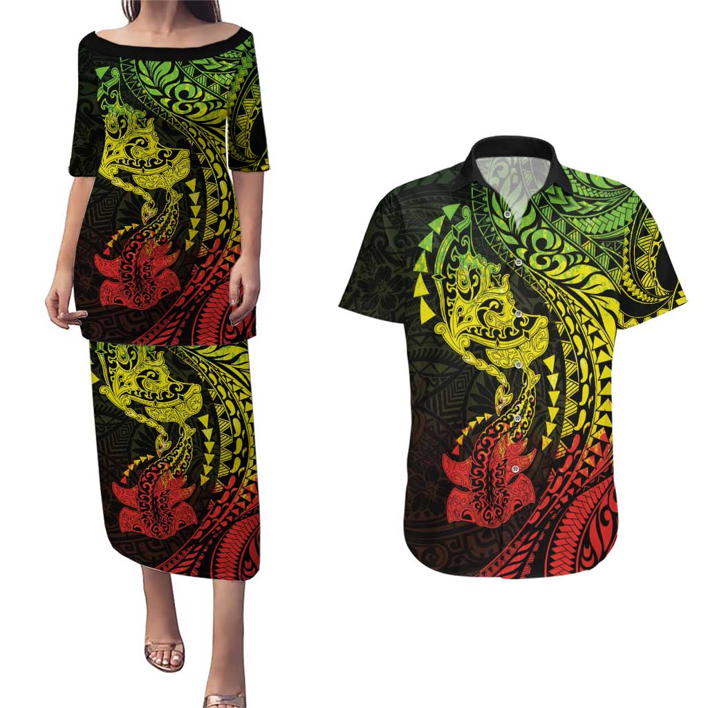 Hawaiian Manta Ray and Hammerhead Shark Tribal Tattoo Couples Matching Puletasi and Hawaiian Shirt with Polynesian Tribal Pattern Reggae Style