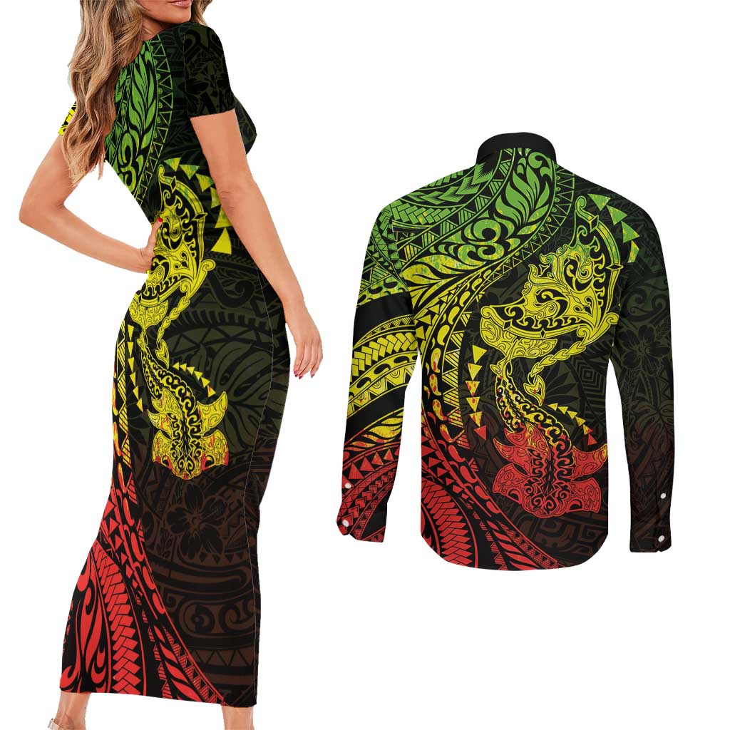Hawaiian Manta Ray and Hammerhead Shark Tribal Tattoo Couples Matching Short Sleeve Bodycon Dress and Long Sleeve Button Shirt with Polynesian Tribal Pattern Reggae Style
