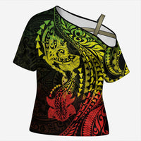 Hawaiian Manta Ray and Hammerhead Shark Tribal Tattoo Cross Shoulder Shirt with Polynesian Tribal Pattern Reggae Style LT03 Female Multicolor - Polynesian Pride