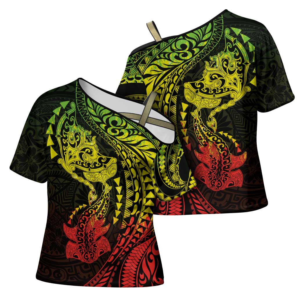 Hawaiian Manta Ray and Hammerhead Shark Tribal Tattoo Cross Shoulder Shirt with Polynesian Tribal Pattern Reggae Style LT03 - Polynesian Pride