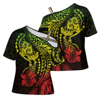 Hawaiian Manta Ray and Hammerhead Shark Tribal Tattoo Cross Shoulder Shirt with Polynesian Tribal Pattern Reggae Style LT03 - Polynesian Pride
