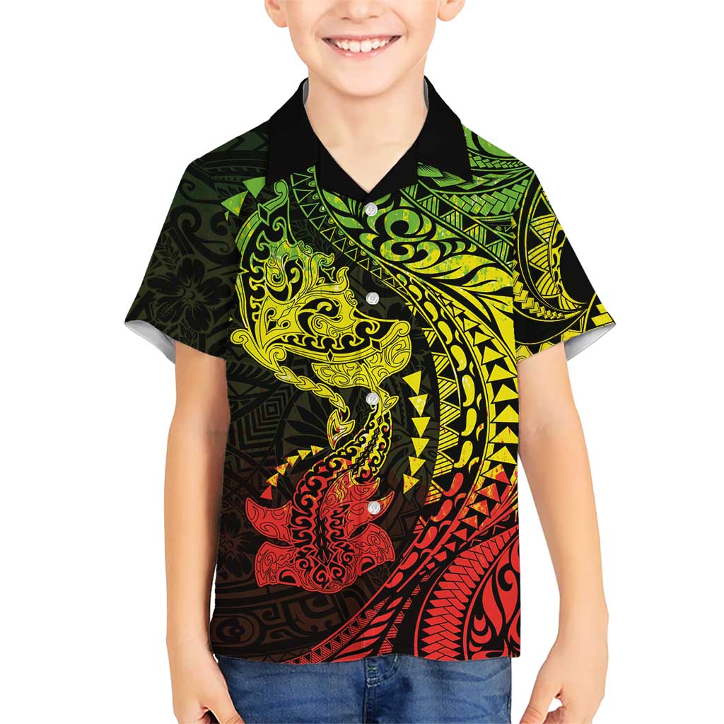 Hawaiian Manta Ray and Hammerhead Shark Tribal Tattoo Family Matching Mermaid Dress and Hawaiian Shirt with Polynesian Tribal Pattern Reggae Style LT03 Son's Shirt Multicolor - Polynesian Pride