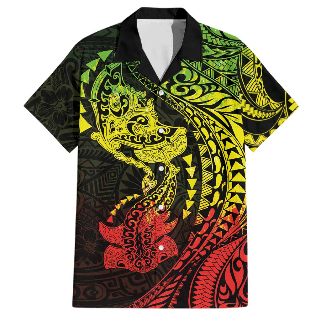 Hawaiian Manta Ray and Hammerhead Shark Tribal Tattoo Family Matching Off The Shoulder Long Sleeve Dress and Hawaiian Shirt with Polynesian Tribal Pattern Reggae Style LT03 Dad's Shirt - Short Sleeve Multicolor - Polynesian Pride