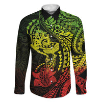 Hawaiian Manta Ray and Hammerhead Shark Tribal Tattoo Family Matching Off The Shoulder Long Sleeve Dress and Hawaiian Shirt with Polynesian Tribal Pattern Reggae Style LT03 Dad's Shirt - Long Sleeve Multicolor - Polynesian Pride